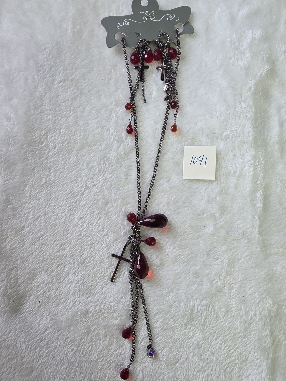 Red Teardrop Cross Pendant Necklace Earrings Bundle - Goth